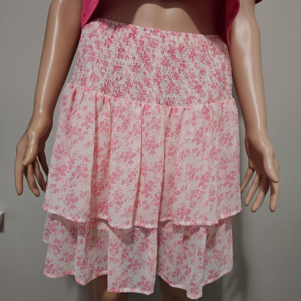 Pink Floral Tiered Smocked Mini Skirt
